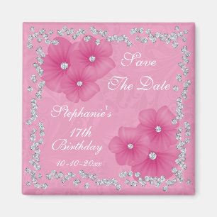 Roze Damask & Flowers 17th Birthday Magneet