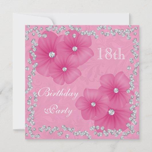 Roze Damask & Flowers 18th Birthday Kaart (Voorkant)