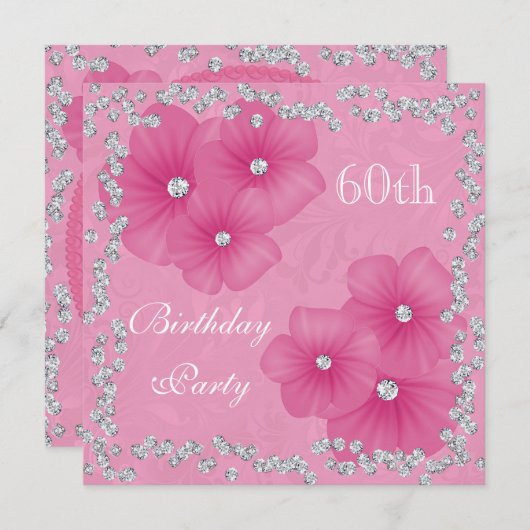 Roze Damask & Flowers 60th Birthday Kaart (Voorkant / Achterkant)