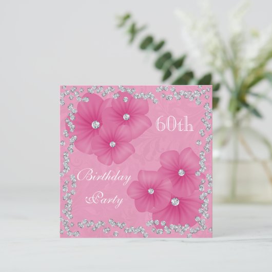 Roze Damask & Flowers 60th Birthday Kaart (Staand voorkant)