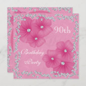 Roze Damask & Flowers 90th Birthday Kaart (Voorkant / Achterkant)