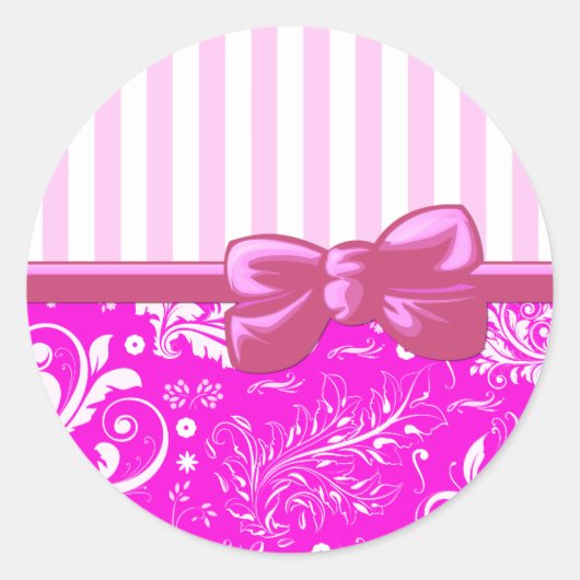 Roze Damask, Franse Damask, roze Stripes, linnen Ronde Sticker (Voorkant)