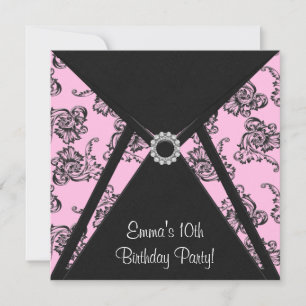 Roze Damask Girls 10th Birthday Party Invitation Kaart