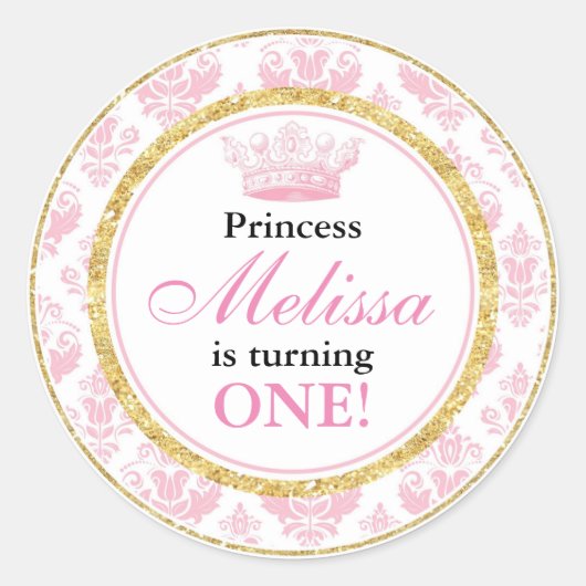 Roze Damask Gold Princess 1e Verjaardag Stickers (Voorkant)