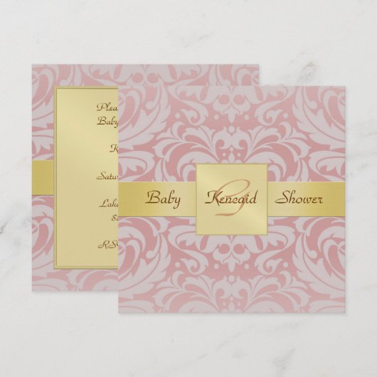 Roze Damask Gold Ribbon Baby shower Invitation Kaart (Voorkant / Achterkant)
