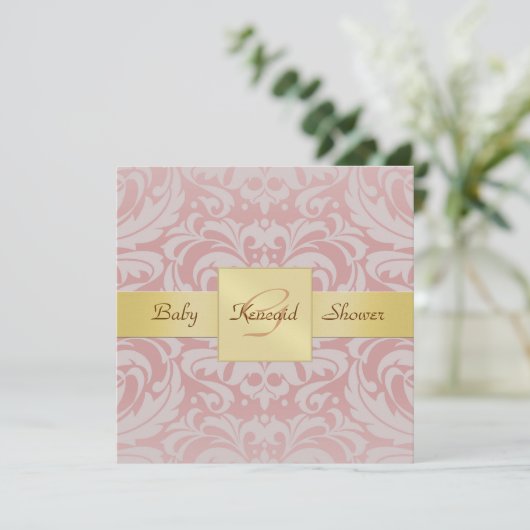 Roze Damask Gold Ribbon Baby shower Invitation Kaart (Staand voorkant)
