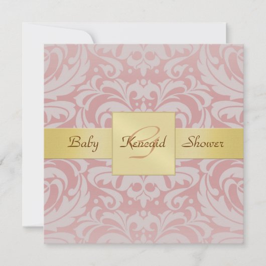 Roze Damask Gold Ribbon Baby shower Invitation Kaart (Voorkant)