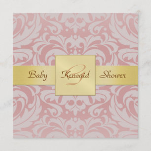 Roze Damask Gold Ribbon Baby shower Invitation Kaart