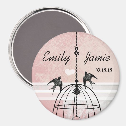 Roze Damask & Grey Bird Cage Wedding Magneet (Voorkant / Achterkant)