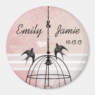 Roze Damask & Grey Bird Cage Wedding Magneet