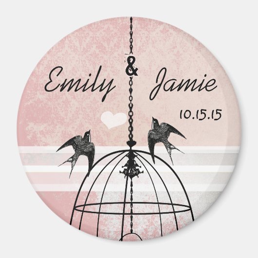 Roze Damask & Grey Bird Cage Wedding Magneet (Voorkant)