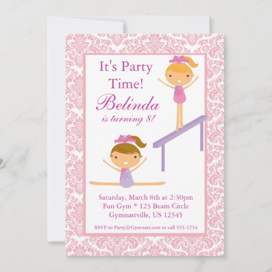 Roze Damask Gymnast Birthday Party Invitation Kaart (Voorkant)