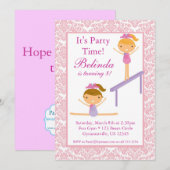 Roze Damask Gymnast Birthday Party Invitation Kaart (Voorkant / Achterkant)
