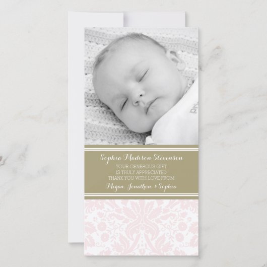 Roze Damask Hartelijk dank Baby shower fotokaarten Bedankkaart (Voorkant)
