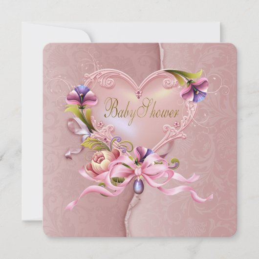  roze Damask Heart Baby shower Kaart (Voorkant)
