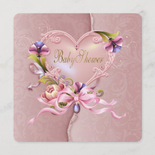  roze Damask Heart Baby shower Kaart
