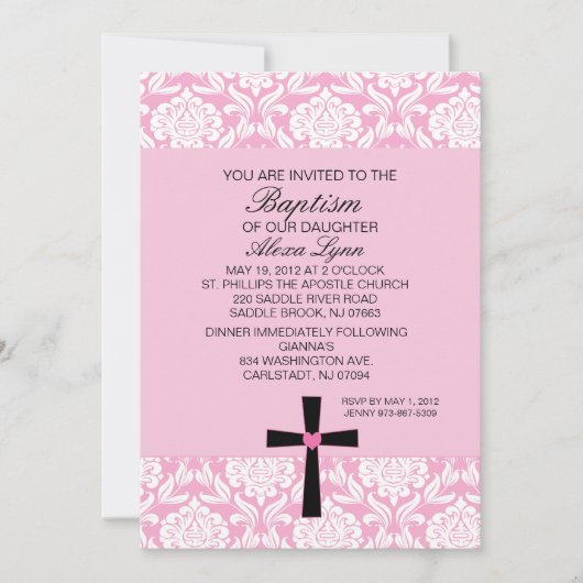 Roze Damask Heart BaptismUitnodiging Kaart (Voorkant)