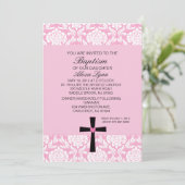 Roze Damask Heart BaptismUitnodiging Kaart (Staand voorkant)