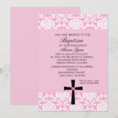 Roze Damask Heart BaptismUitnodiging Kaart (Voorkant / Achterkant)
