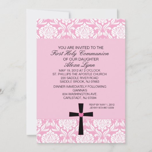 Roze Damask Heart Communion Kaart (Voorkant)