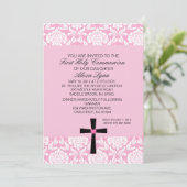 Roze Damask Heart Communion Kaart (Staand voorkant)