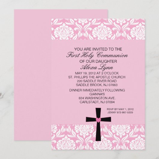 Roze Damask Heart Communion Kaart (Voorkant / Achterkant)