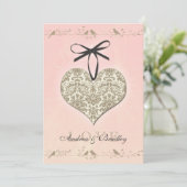 Roze  Damask Heart Wedding Invitation Kaart (Staand voorkant)