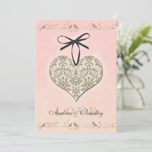Roze  Damask Heart Wedding Invitation Kaart (Staand voorkant)