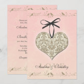 Roze  Damask Heart Wedding Invitation Kaart (Voorkant / Achterkant)