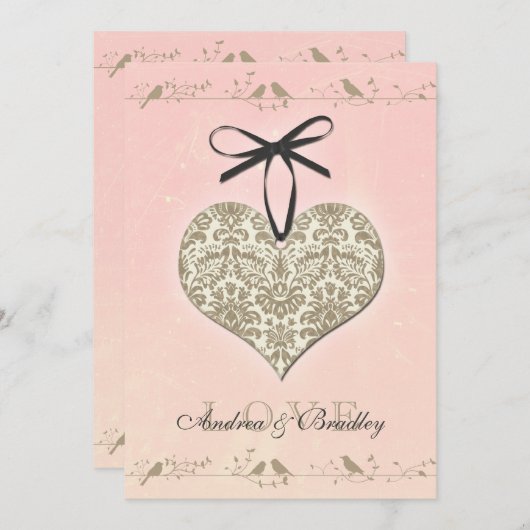 Roze  Damask Heart Wedding Invitation Kaart (Voorkant / Achterkant)