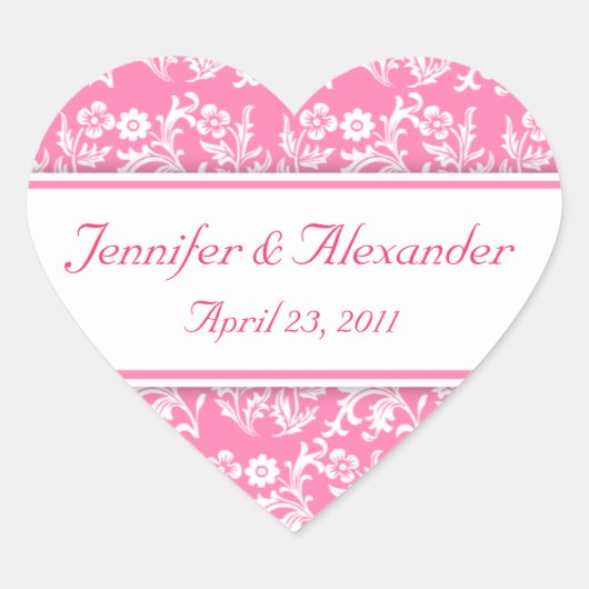 Roze Damask Heart Wedding Invitation Seals Hart Sticker (Voorkant)