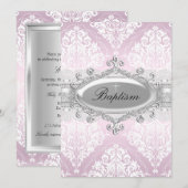 Roze Damask & Jewel Cross Baptisme Uitnodiging (Voorkant / Achterkant)