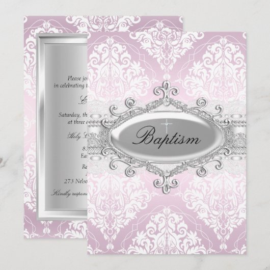 Roze Damask & Jewel Cross Baptisme Uitnodiging (Voorkant / Achterkant)