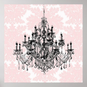 Roze Damask Kroonluchter Muur Kunstprint Poster
