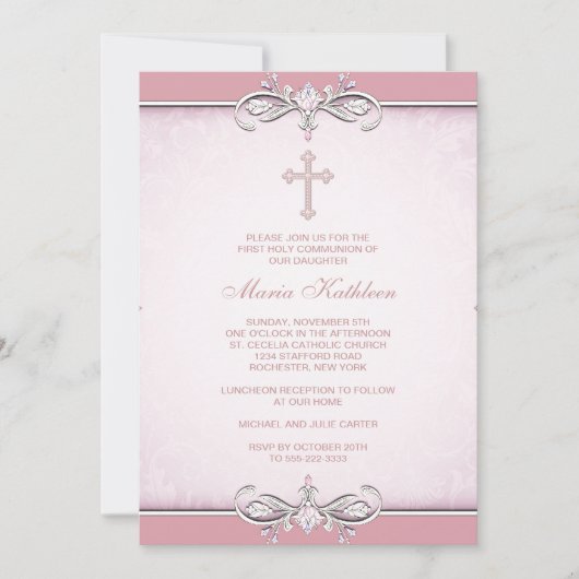 Roze Damask Kruis Eerste Communie Kaart (Voorkant)