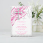 Roze Damask Kruis Eerste Communie Kaart (Staand voorkant)