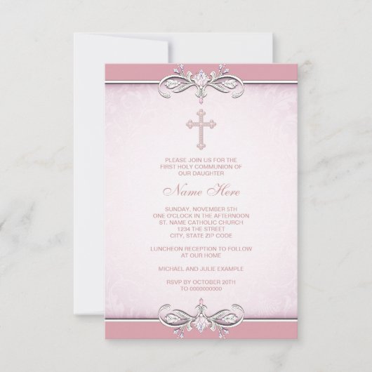 Roze Damask Kruis Eerste Communie Kaart (Voorkant)