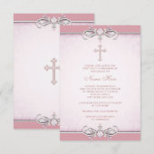 Roze Damask Kruis Eerste Communie Kaart (Voorkant / Achterkant)