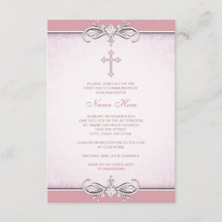 Roze Damask Kruis Eerste Communie Kaart