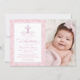 Roze Damask Kruis Meisjes Foto Doop Uitnodigingen