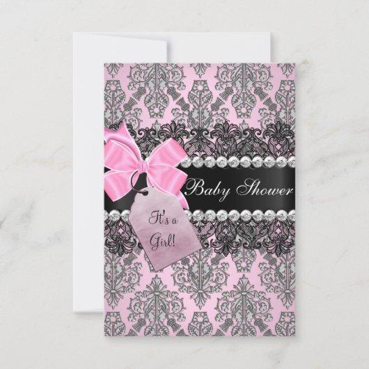 Roze Damask & Lace Girl Baby shower Invitation Kaart (Voorkant)