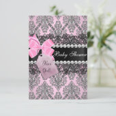 Roze Damask & Lace Girl Baby shower Invitation Kaart (Staand voorkant)