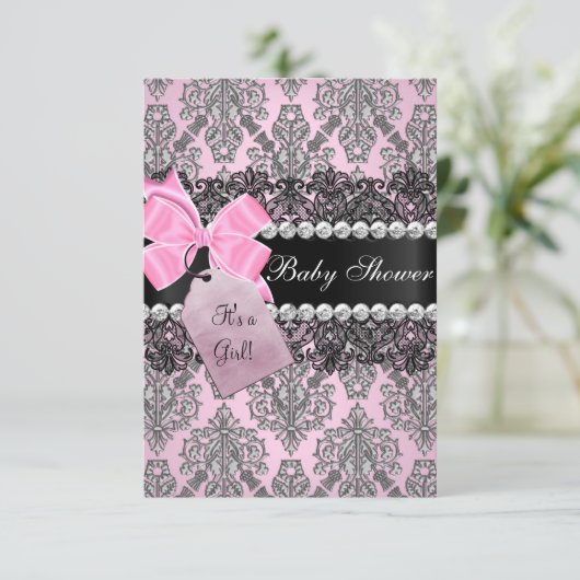 Roze Damask & Lace Girl Baby shower Invitation Kaart (Staand voorkant)
