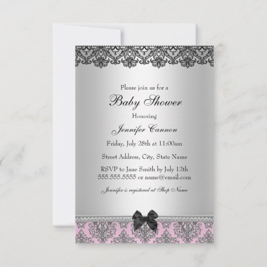 Roze Damask & Lace Girl Baby shower Invitation Kaart (Achterkant)