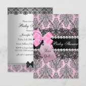 Roze Damask & Lace Girl Baby shower Invitation Kaart (Voorkant / Achterkant)