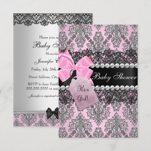 Roze Damask & Lace Girl Baby shower Invitation Kaart (Voorkant / Achterkant)