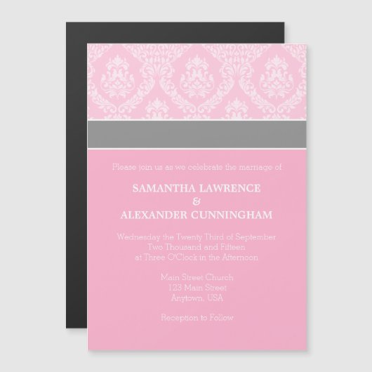 Roze Damask Magnetic Wedding Invitation Magnetische Uitnodiging (Voorkant / Achterkant)