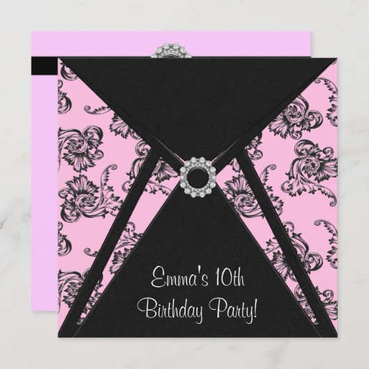 Roze Damask Meisjes 10e verjaardag Uitnodiging (Voorkant / Achterkant)