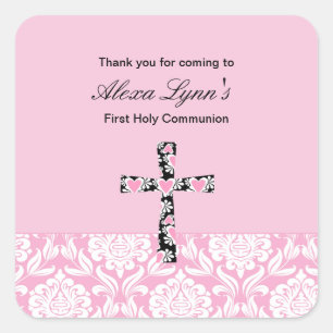 Roze Damask Meisjes Communie sticker