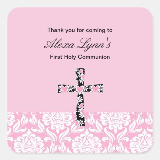 Roze Damask Meisjes Communie sticker (Voorkant)